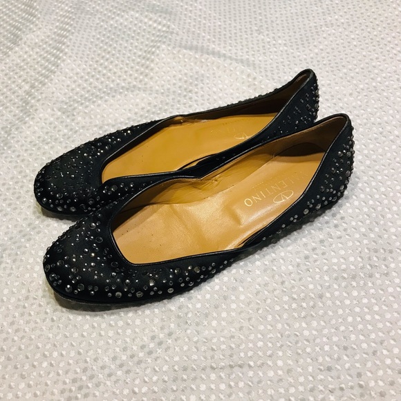 Valentino Garavani Swarovski Crystal Studded Flats Black Satin Size 8.5 - Picture 2 of 14